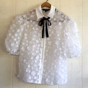 Sister Jane puff sleeve floral appliqué bow tie blouse pearl buttons